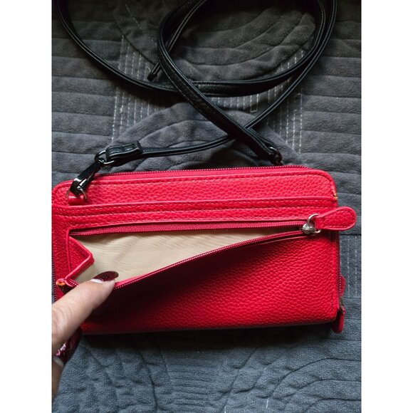 Buxton Red Vegan Leather Zip Around RFID Wallet w/Black Strap - Picture 3 of 9